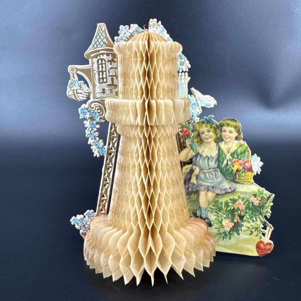 Antique 3D Pop Up Fold Out Die Cut Embossed W/ Honeycomb Valentine Card Germany